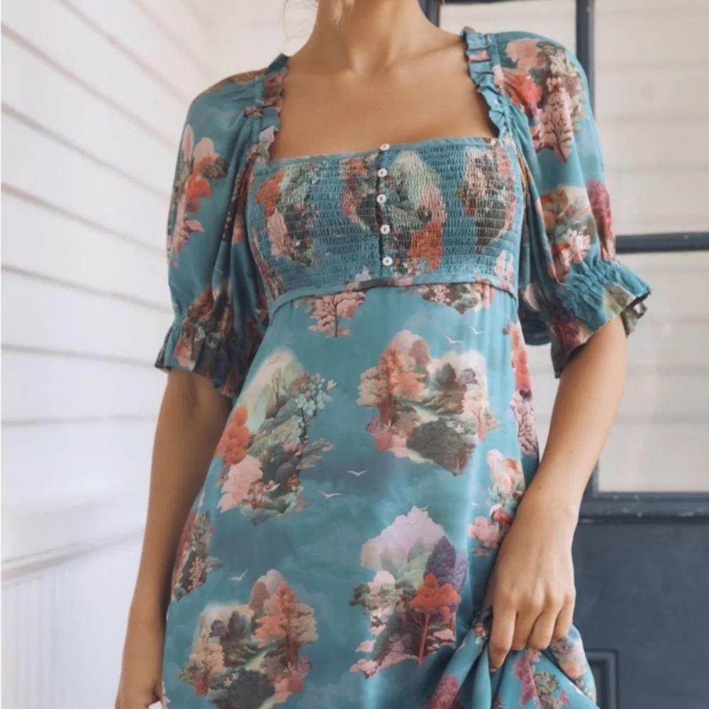 NWOT Anthropologie Teal Floral Smocked Puff Sleeve Midi Dress S - Picture 4 of 9
